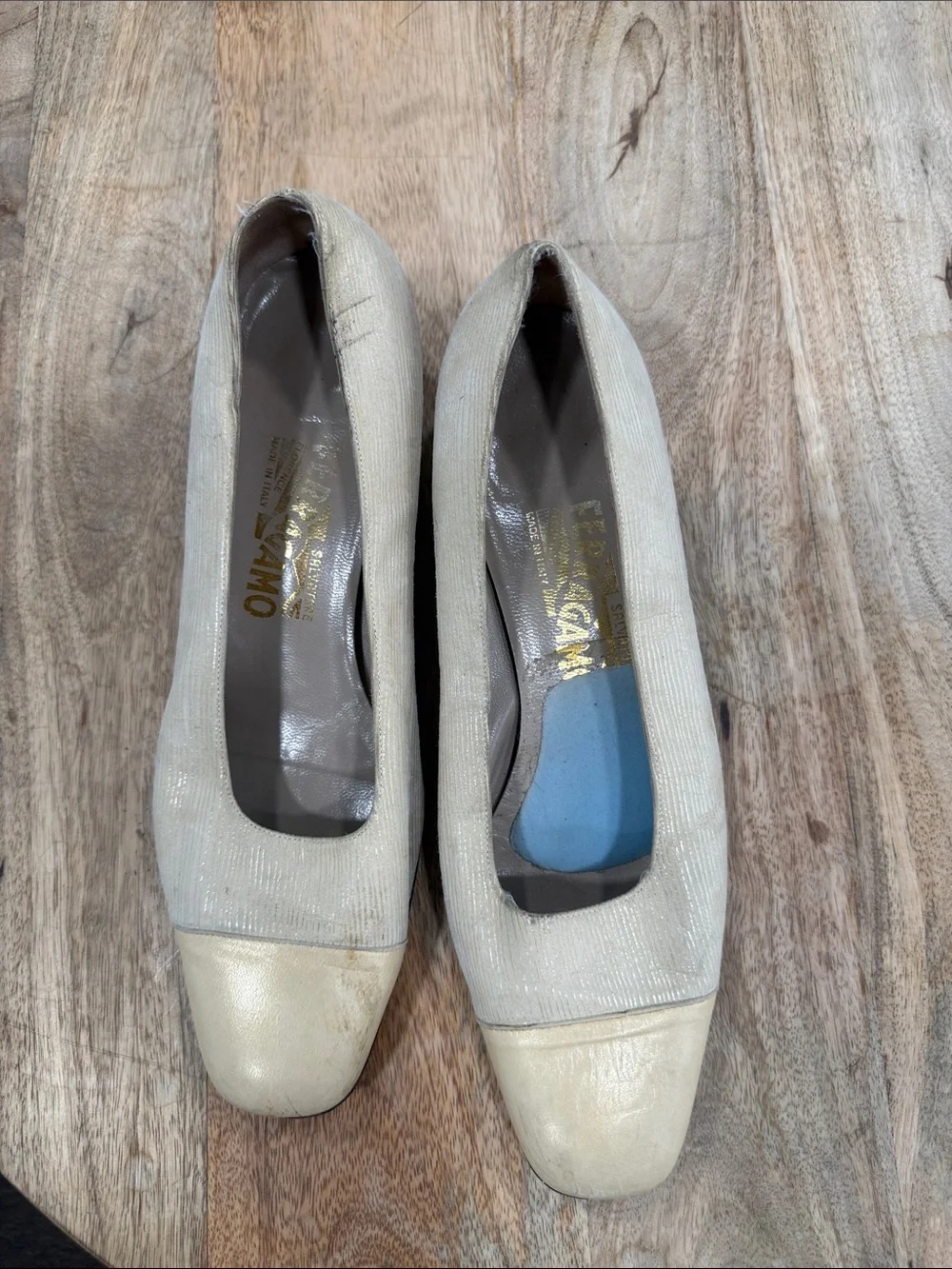 Salvatore Ferragamo Cream Metallic Fabric and Leather Cap-Toe Pumps